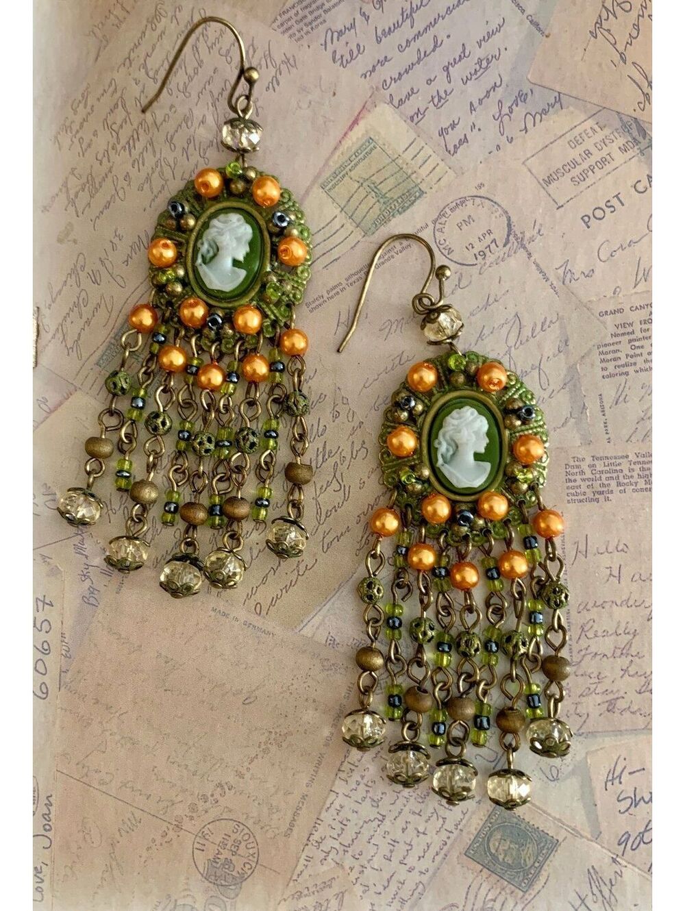 Vintage Bohemian Green Cameo & Beaded Chandelier Dangle Drop Earrings Fringe